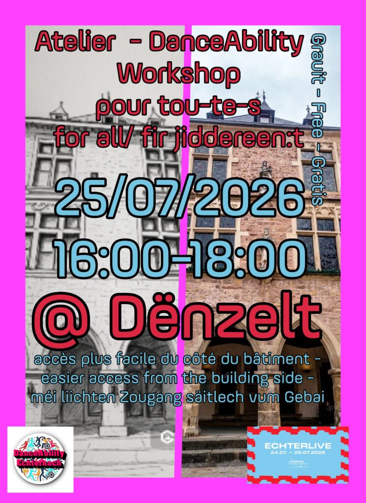 Workshop-Plakat mit Datum 25.07.2026, Uhrzeit 16:00&ndash;18:00 Uhr, Ort D&euml;nzelt, vor historischem Geb&auml;ude, bunte Schrift und pinker Rahmen.